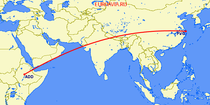 перелет Аддис Абеба — Шанхай на карте