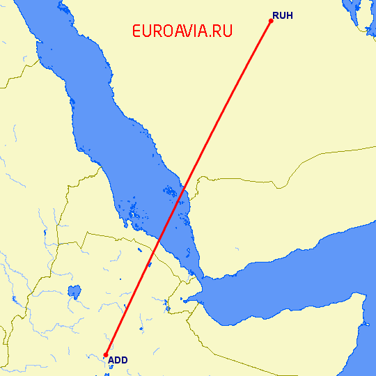 перелет Аддис Абеба — Эр Рияд на карте