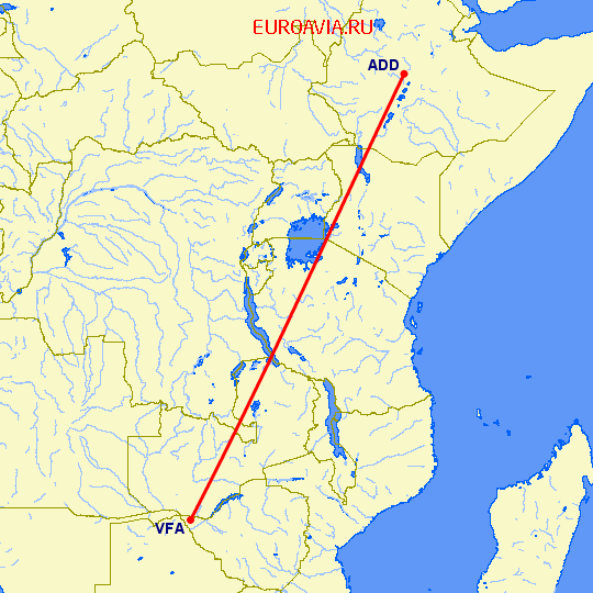 перелет Аддис Абеба — Виктория Фоллз на карте