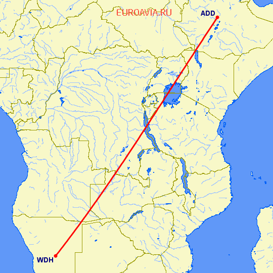 перелет Аддис Абеба — Виндхук на карте