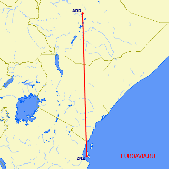 перелет Аддис Абеба — Занзибар на карте
