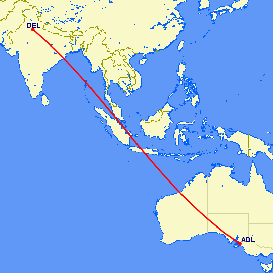 перелет Аделаида — Нью Дели на карте