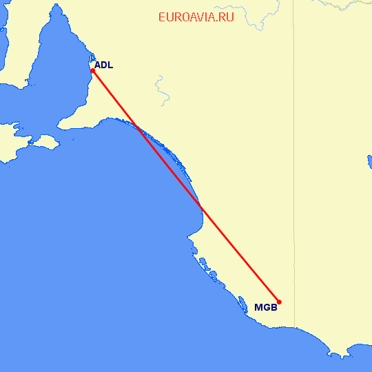 перелет Аделаида — Mount Gambier на карте