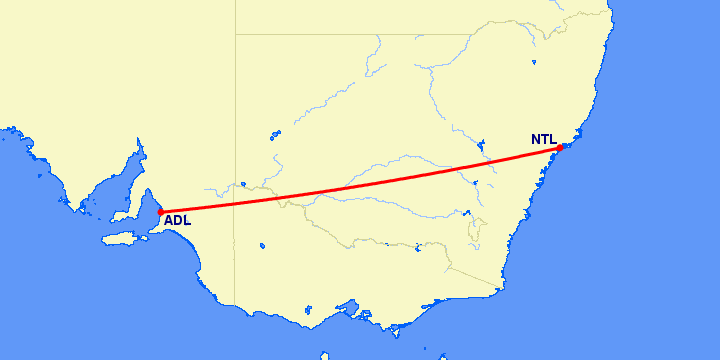 перелет Аделаида — Ньюкасл на карте