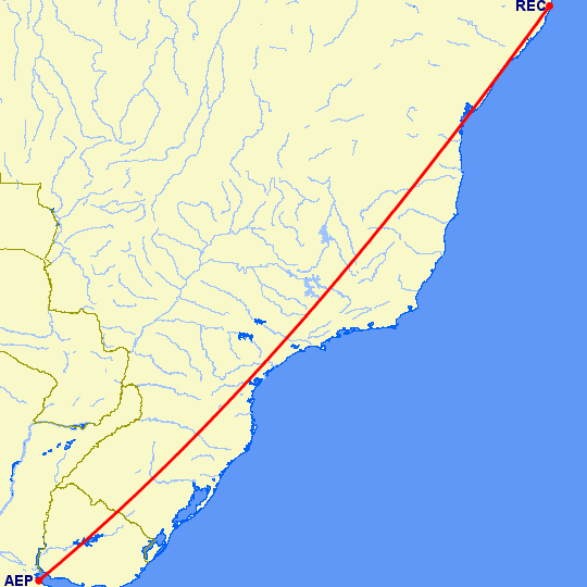 перелет Буэнос Айрес — Ресифе на карте