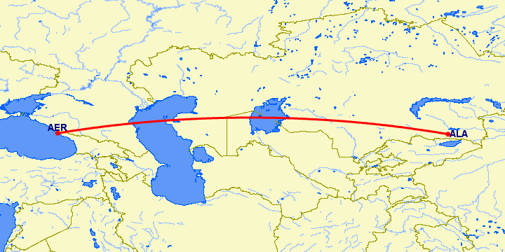 перелет Сочи — Алматы на карте