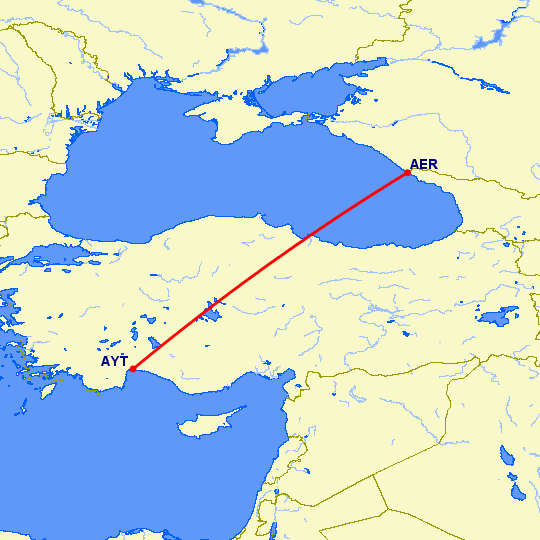 перелет Сочи — Анталия на карте