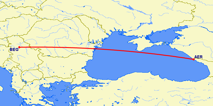 перелет Сочи — Белград на карте