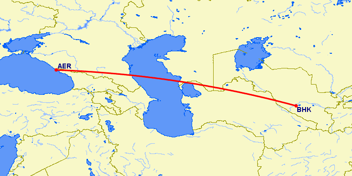 перелет Сочи — Бухара на карте