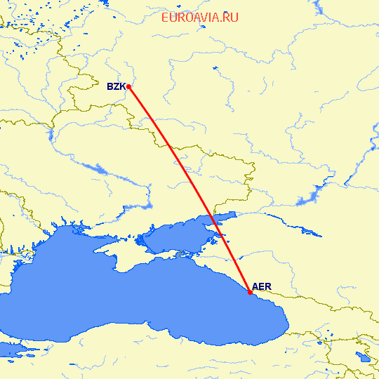 перелет Сочи — Брянск на карте