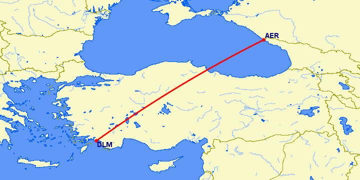 перелет Сочи — Даламан на карте