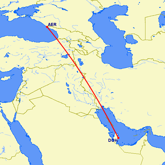 перелет Сочи — Доха на карте