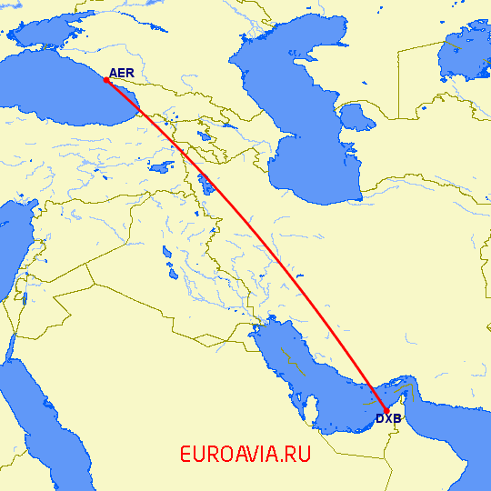 перелет Сочи — Дубай на карте