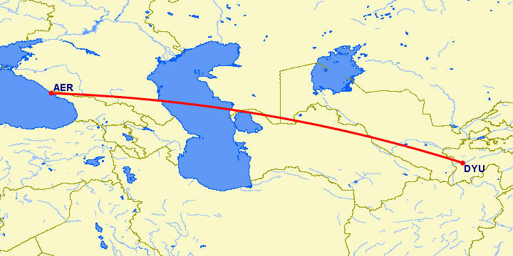 перелет Сочи — Душанбе на карте