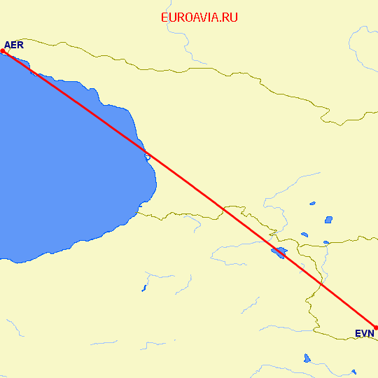 перелет Сочи — Ереван на карте