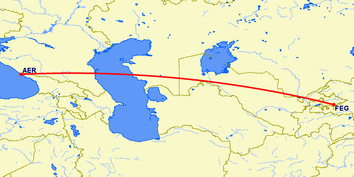 перелет Сочи — Фергана на карте