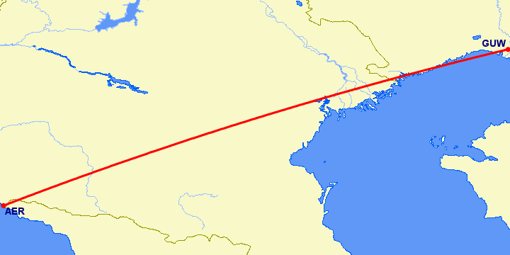 перелет Сочи — Атырау на карте
