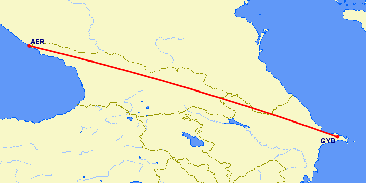 перелет Сочи — Баку на карте