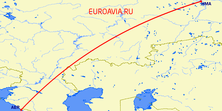 перелет Сочи — Ханты Мансийск на карте