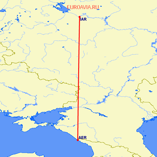 перелет Сочи — Ярославль на карте