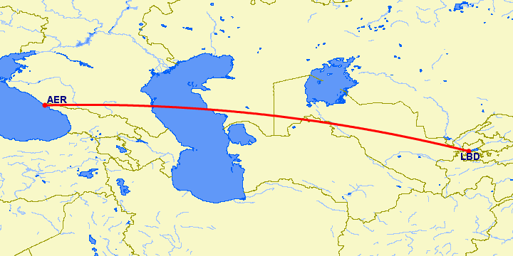 перелет Сочи — Худжанд на карте