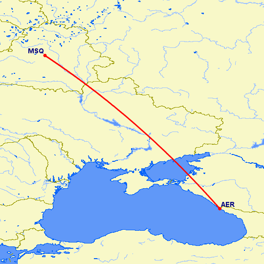 перелет Сочи — Минск на карте