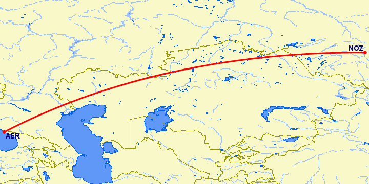 перелет Сочи — Новокузнецк на карте