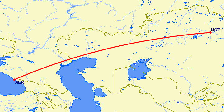 перелет Сочи — Нур-Султан на карте