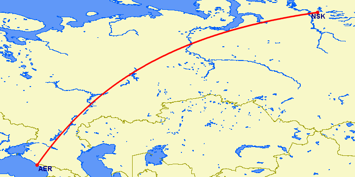 перелет Сочи — Норильск на карте