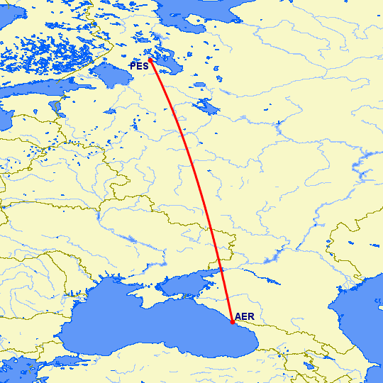 перелет Сочи — Петрозаводск на карте