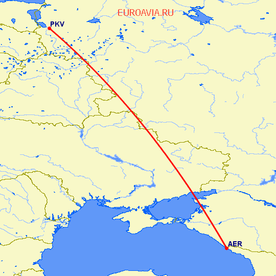 перелет Сочи — Псков на карте