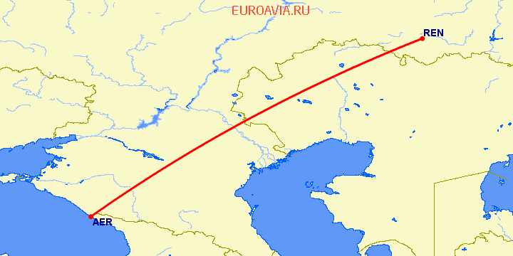 перелет Сочи — Оренбург на карте