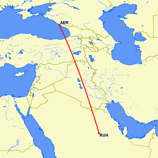 перелет Сочи — Эр Рияд на карте