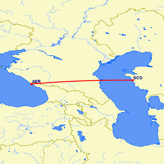 перелет Сочи — Актау на карте