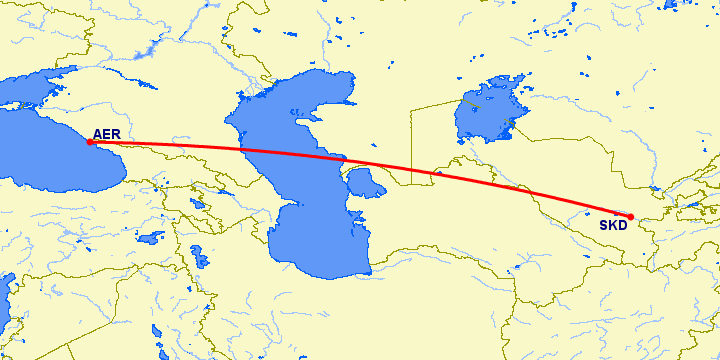 перелет Сочи — Самарканд на карте