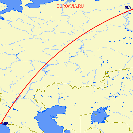 перелет Сочи — Салехард на карте