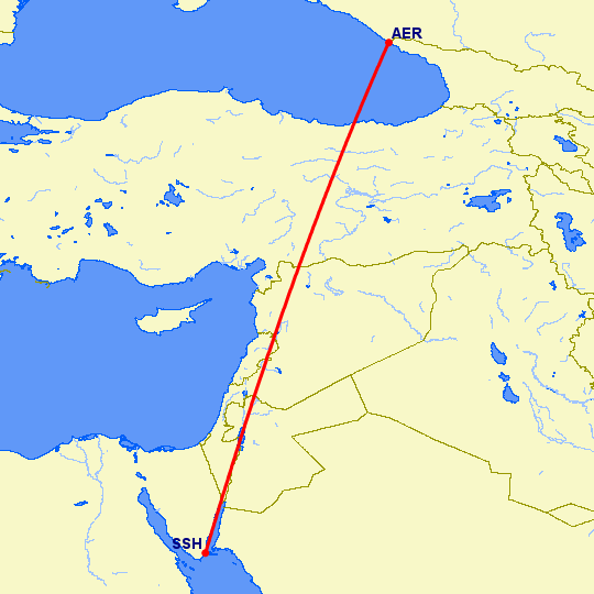 перелет Сочи — Шарм эль Шейх на карте