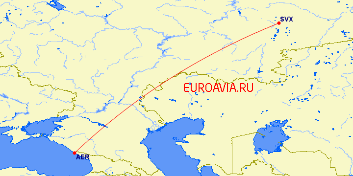 перелет Сочи — Екатеринбург на карте