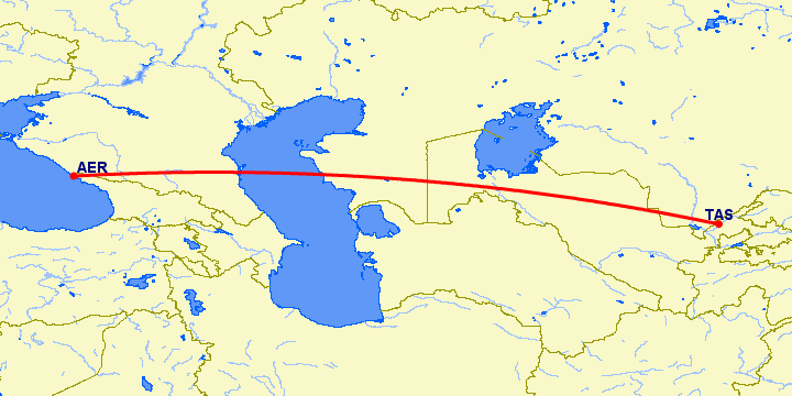 перелет Сочи — Ташкент на карте