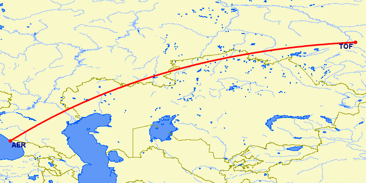 перелет Сочи — Томск на карте