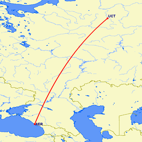 перелет Сочи — Ухта на карте