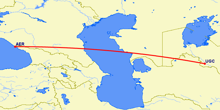 перелет Сочи — Ургенч на карте