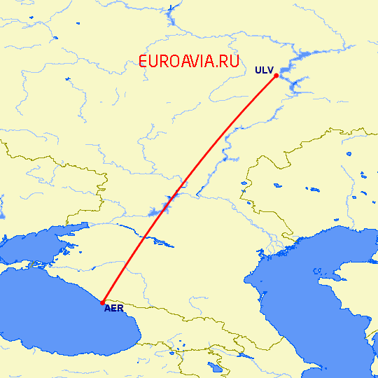 перелет Сочи — Ульяновск на карте
