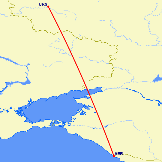 перелет Сочи — Курск на карте