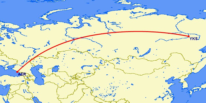 перелет Сочи — Якутск на карте