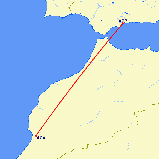 перелет Агадир — Малага на карте