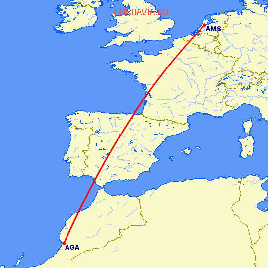 перелет Агадир — Амстердам на карте