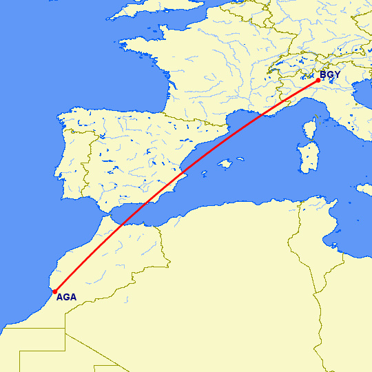 перелет Агадир — Бергамо на карте