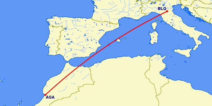 перелет Агадир — Болонья на карте