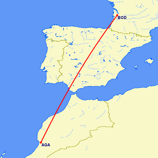 перелет Агадир — Бордо на карте